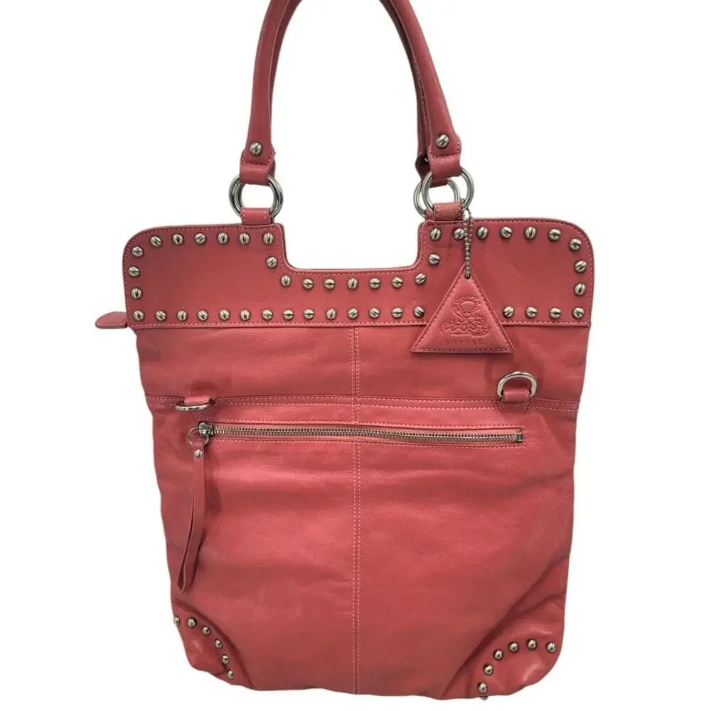 Sorial Studded‎ Leather Tote Shoulder Bag Pink Coral Boho Moto Satchel Purse